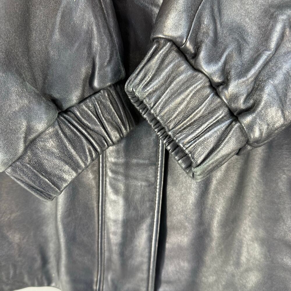 Worthington Leather Parka Women's L Black Lamb Skin Dyed Fox Fur Trim Hood EUC - Picture 6 of 14
